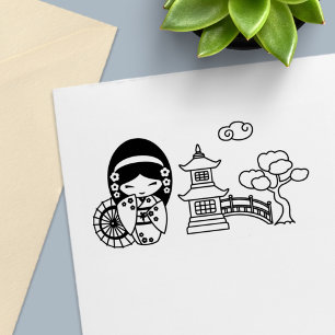 Sello Automático Chica japonesa con paraguas en kimono en álbum de 