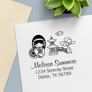 Sello Automático Chica japonesa del paraguas en kimono Dirección