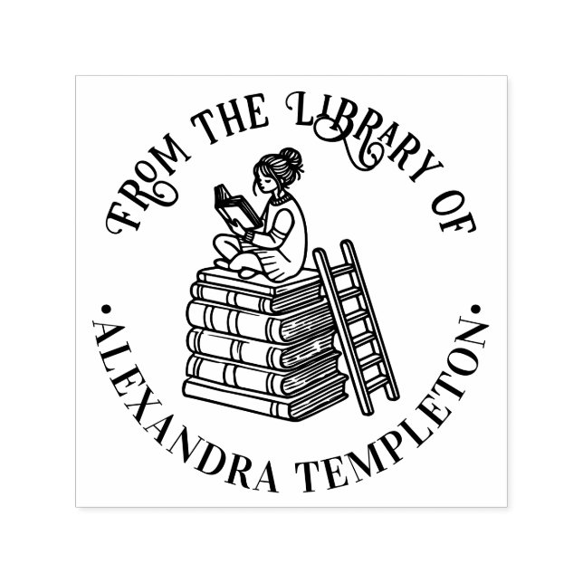 Sello Automático Chica sentada en libros leyendo #3 Nombre del libr (Diseño)