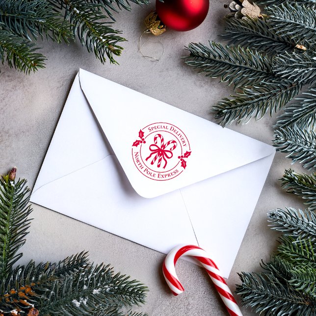 Sello Automático Christmas Candy Cane Wood Art Stamp (Red candy cane stamp on white envelope)