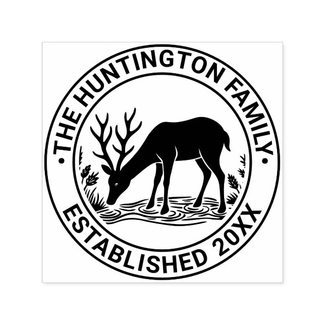 Sello Automático Ciervo Rústico Bebiendo Agua Apellido Fecha Est (Diseño)