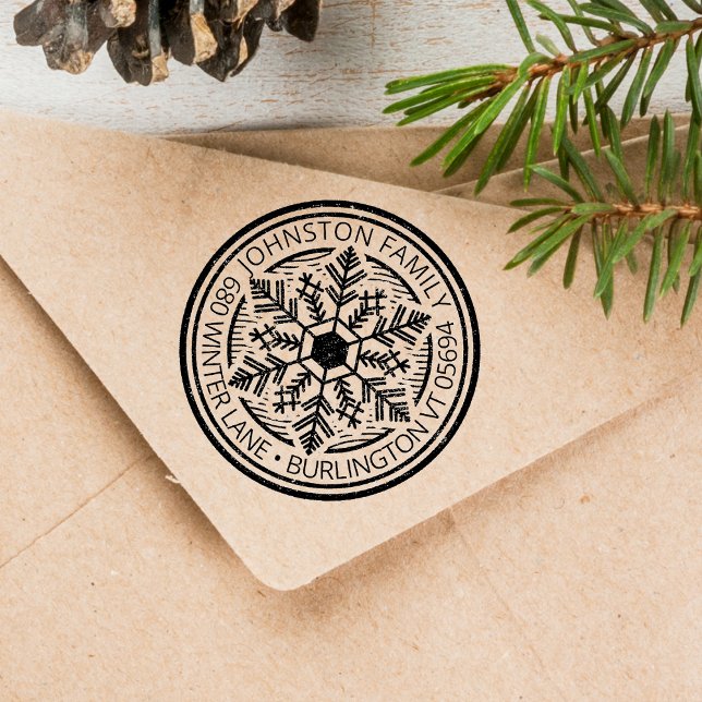 Sello Automático Círculo de dirección de copo de nieve de invierno  (Vintage Winter Snowflake Circle Address Self-inking Stamp)