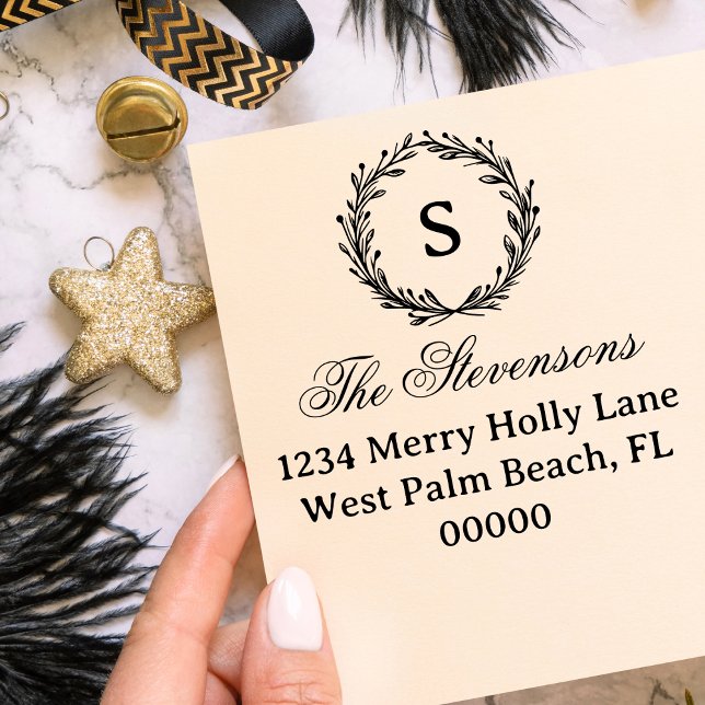 Sello Automático Clásico Holly Wreath Monograma Vintage Navidad (Subido por el creador)