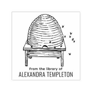 Sello Automático Colmena rústica, abejas voladoras, nombre del libr