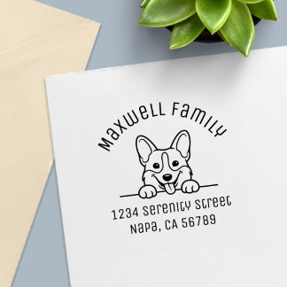 Sello Automático Corgi Curioso con Nombre y Dirección Arqueada