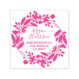 Sello Automático Corona floral en letra cursiva fucsia de dirección