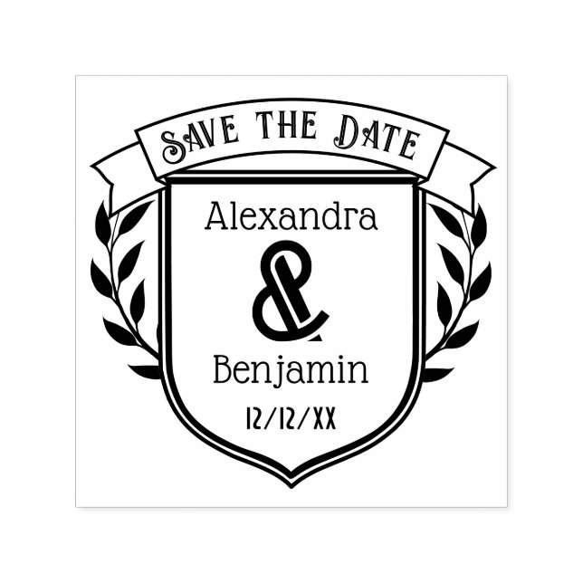 Sello Automático Couple Crest Ribbon Botanical Save the Date #2 (Diseño)