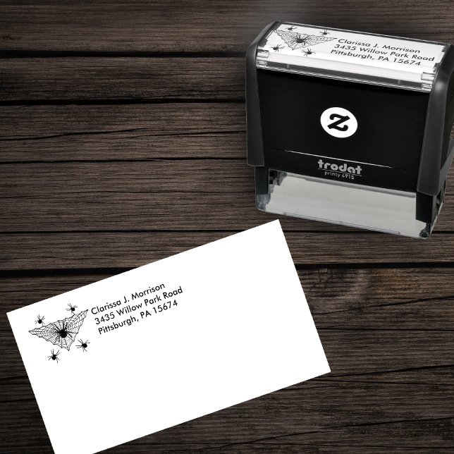 Sello Automático Creepy crawling Spiders in Triangle Shaped Web (Spiders crawling in and around triangle shaped spider web on self inking return address stamp.)