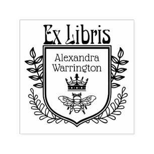 Sello Automático Crest Botánico Abeja con Corona Ex Libris Nombre d
