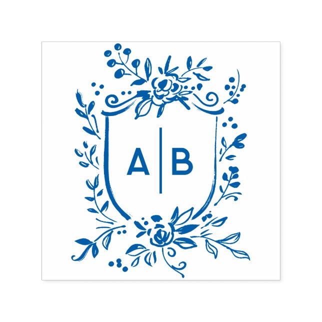 Sello Automático Crest Botánico Monograma de Boda Azul Francés (Diseño)