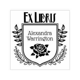 Sello Automático Crest Botánico Rosa Ex Libris Nombre del Libro