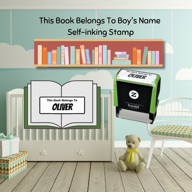 Sello Automático Cute este libro pertenece al nombre del niño (This Book Belongs To Boy's Name Self-inking Stamp)