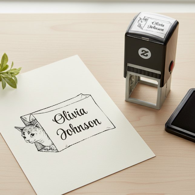 Sello Automático Cute Kitten in a Bag Signature Name Stamp (Lovely signature name stamp with cute kitten peeking out of a paper bag.)