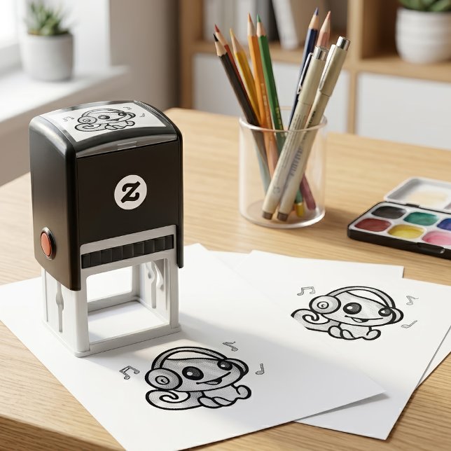 Sello Automático Cute Sonriendo Kawaii Bebé Camaleón Con Auriculare (Cute Smiling Kawaii Baby Chameleon With Headphones. Self-inking Stamp)