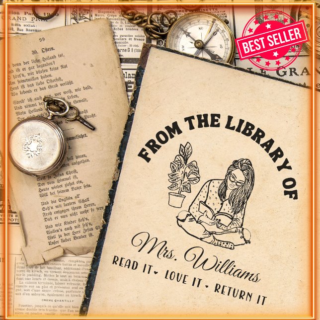 Sello Automático De La Biblioteca De | Chica Leyendo Libro Antiguo  (Subido por el creador)