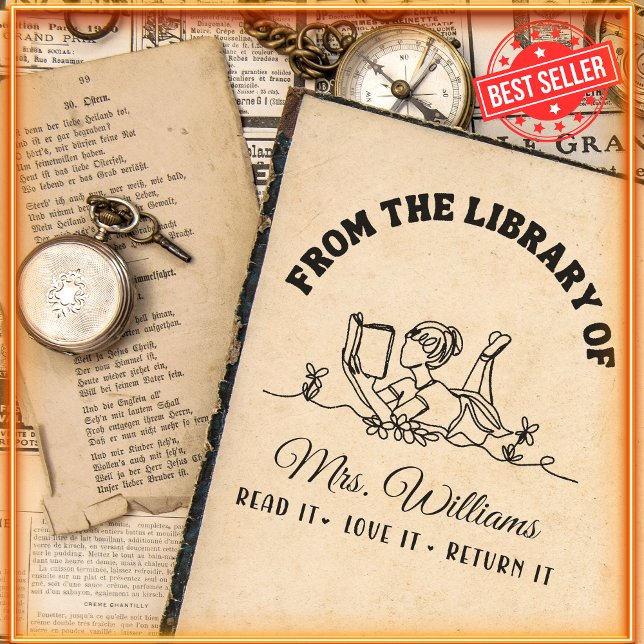 Sello Automático De La Biblioteca De | Flowers Girly Book Teacher (Subido por el creador)