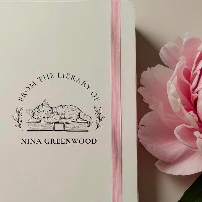 Sello Automático De la Biblioteca de | Gato en libro y hojas elegan (Subido por el creador)