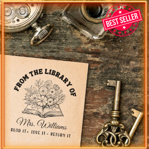 Sello Automático De La Biblioteca De   Libro Antiguo Flores Del Bos