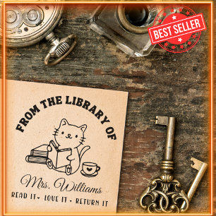 Sello Automático De La Biblioteca De Libro Antiguo Gato Adorable