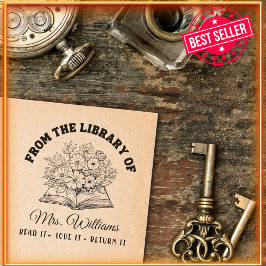 Sello Automático De La Biblioteca De | Libro Vintage de Flores Fore