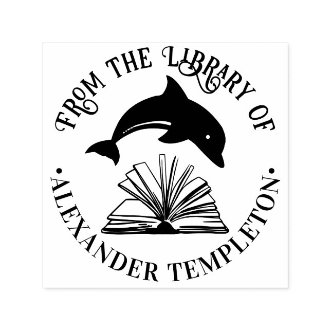 Sello Automático Delfín Saltando Sobre el Nombre de la Biblioteca d (Diseño)