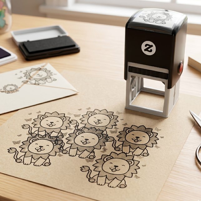 Sello Automático Dibujo animado de león Kawaii sonriente con maripo (Cute smiling Kawaii Lion with Butterflies Cartoon. Self-inking Stamp)