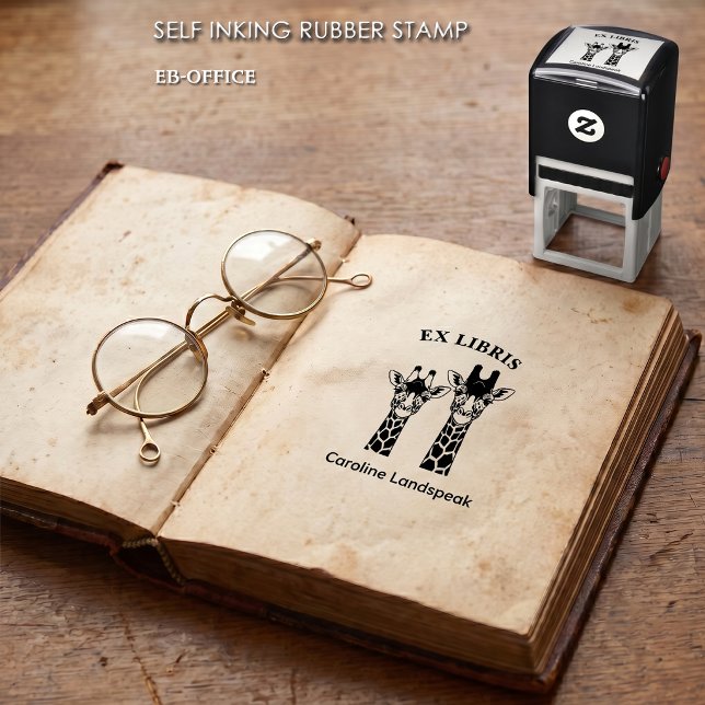 Sello Automático Dibujo de pareja de jirafas Ex Libris para libros  (Self-inking Giraffes Stamp (1.5”x1.5”). Choose your ink color.)