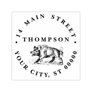 Sello Automático Dibujo Vintage de Jabalí en Blanco y Negro #3C