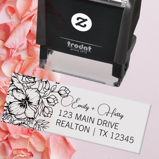 Sello Automático Dirección de Boda floral moderna | Nombre de la pa (Subido por el creador)