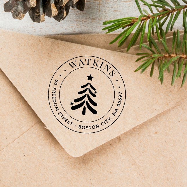 Sello Automático Dirección de devolución de árbol de Navidad modern (Modern Christmas Tree Return Address Self-inking Stamp)