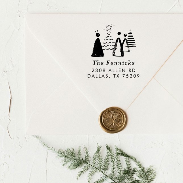 Sello Automático Dirección de devolución de árboles navideños dibuj (Christmas trees sketch holiday return address rubber stamp.)