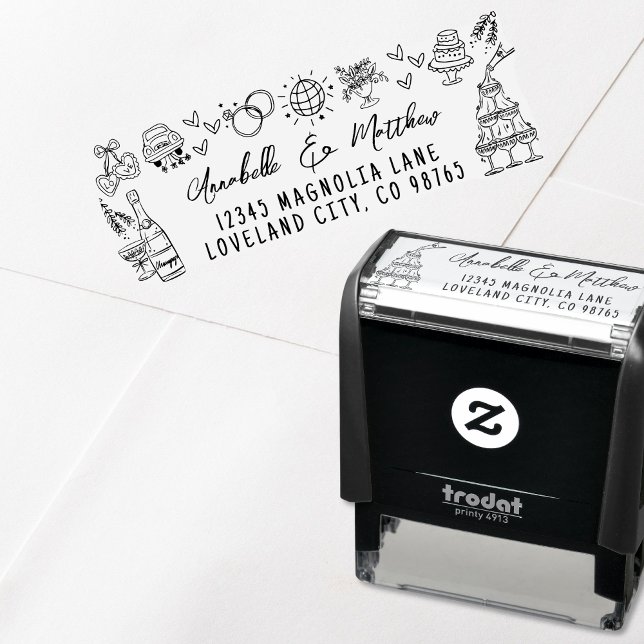 Sello Automático Dirección de devolución de Boda caprichosa dibujad (Hand Drawn Whimsical Wedding Return Address self-inking stamp)