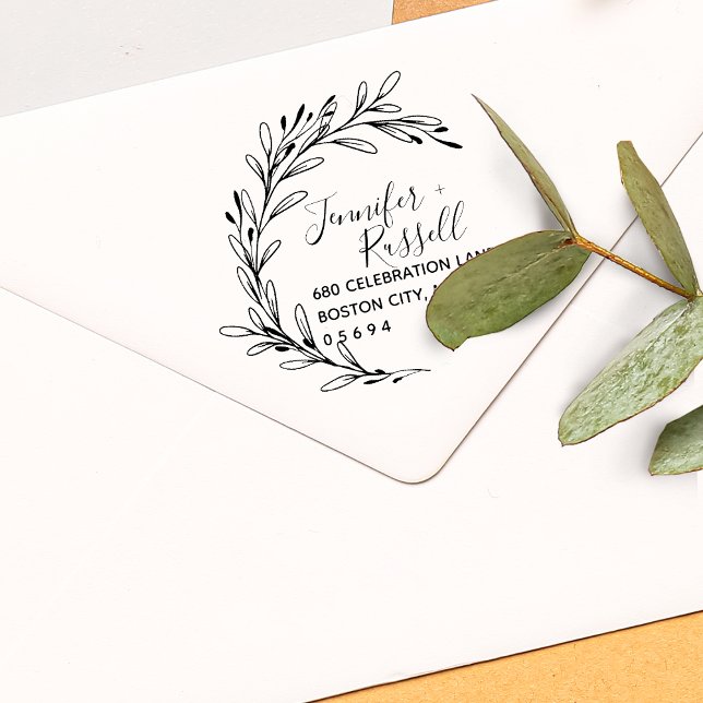 Sello Automático Dirección de devolución de Boda de verde (Greenery Wedding Return Address Self-inking Stamp)