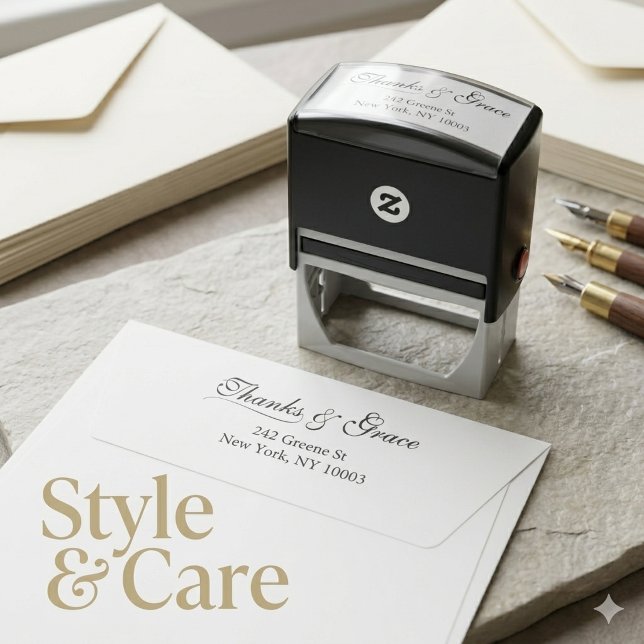 Sello Automático Dirección de devolución de boda Gracias (Thanks Grace Wedding Return Address Self-inking Stamp)