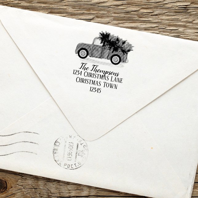 Sello Automático Dirección de devolución de camiones rojos de navid (Christmas holiday vintage red truck simple return address self inking stamp.)