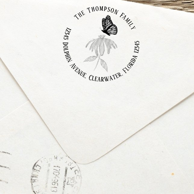 Sello Automático Dirección de devolución de familia botánica maripo (Botanical butterfly self inking return address stamp. )