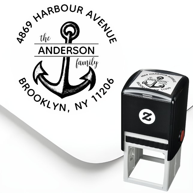Sello Automático Dirección de devolución de familia de ancla person (Add a Nautical Flair to Your Beach or Lake House Mail with a Custom Round Return Address Stamp! ⚓🏖️)