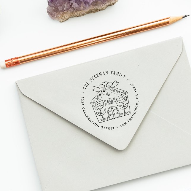 Sello Automático Dirección de devolución de fiesta de feriado de Gi (Christmas Gingerbread Holiday Party Return Address Self-inking Stamp)