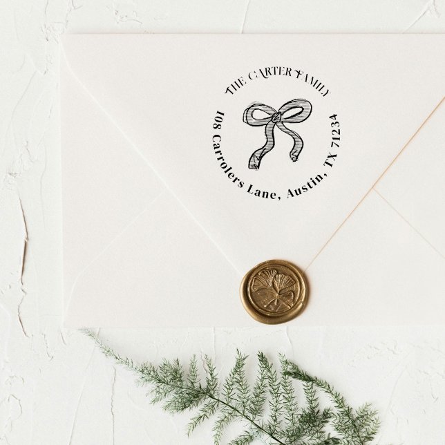 Sello Automático Dirección de devolución de Ilustracion de Bow (Christmas ribbon bow sketch return address round holiday stamp.)