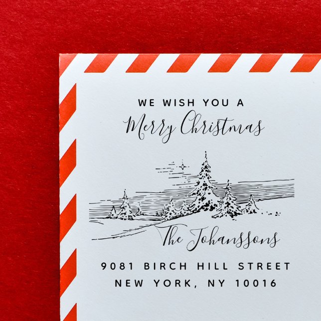 Sello Automático Dirección de devolución de la familia de Navidades (Winter Landscape Christmas Family Return Address Self-inking Stamp)