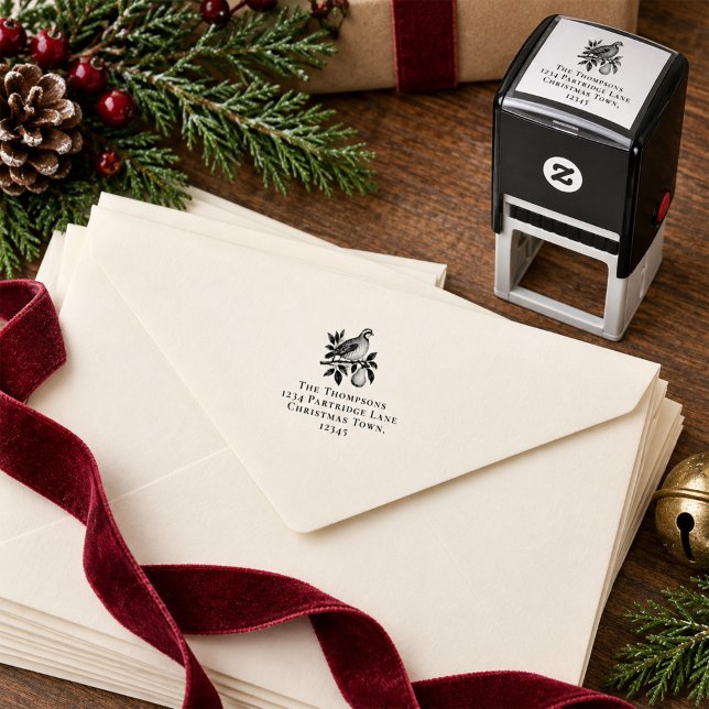Sello Automático Dirección de devolución de Navidad de perdiz vinta (Vintage partridge return address stamp for elegant Christmas cards and holiday mail.
)