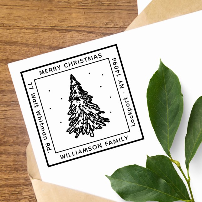 Sello Automático Dirección de devolución de Navidades/árbol de pino (Modern Christmas Pine Tree Family Return Address Self-inking Stamp)