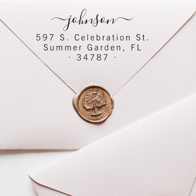 Sello Automático Dirección de devolución de nombre de familia de sc (Modern Elegant Script Family Name Wedding Rubber Stamp)