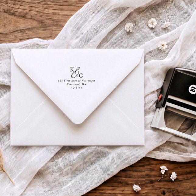 Sello Automático Dirección de devolución de sobre de boda con inici (Modern elegant wedding return address stamp with initials and calligraphy ampersand)