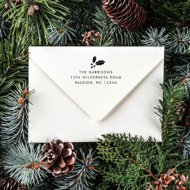 Sello Automático Dirección de devolución de tarjeta de Navidad de S (A simple Christmas card return address self inking stamp with black ink and holly icon.)