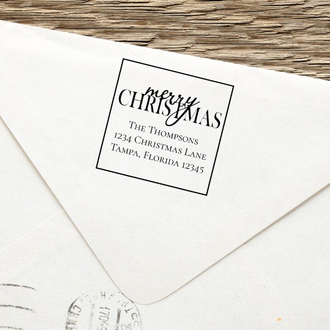 Sello Automático Dirección de devolución del guión navideño (Merry Christmas simple typography with return address stamp.)