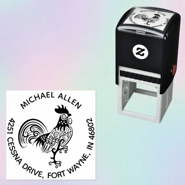 Sello Automático Dirección de devolución redonda artística personal (Round return address stamp featuring a rooster illustration.)
