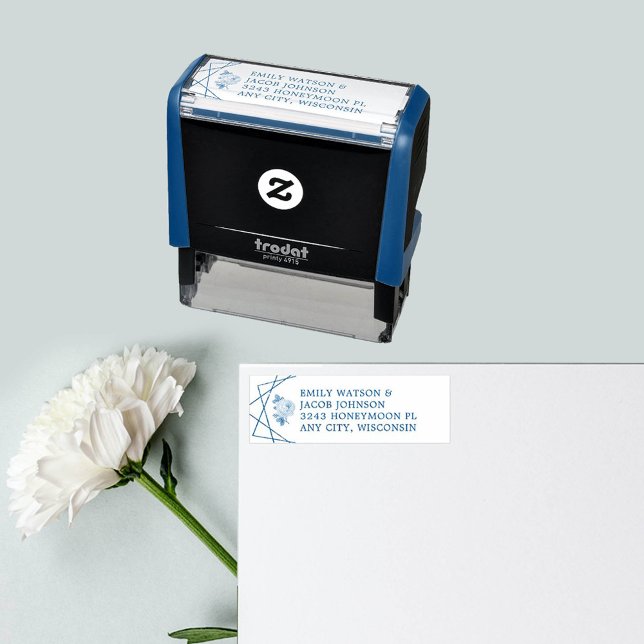 Sello Automático Dirección de la pareja del Boda floral geométrico (Geometric Floral Wedding Couple Address Self-inking Stamp)