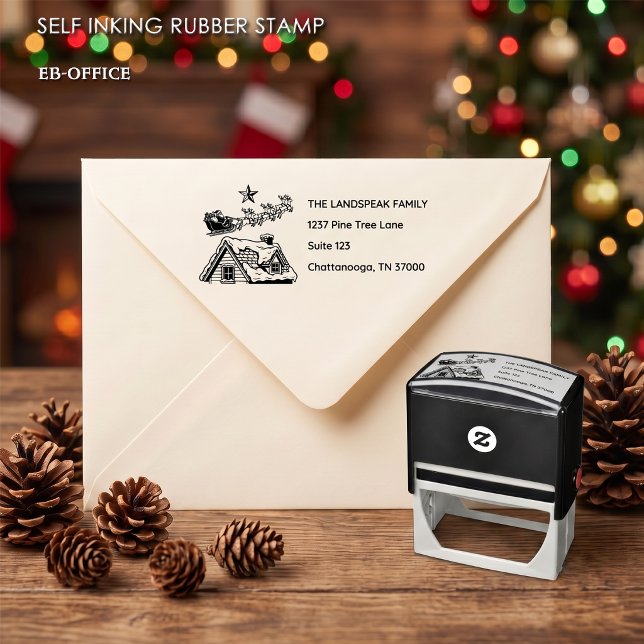 Sello Automático Dirección de Navidad de Santa volando sobre techo  (Self-inking Santa flying Over Roof Stamp with return address (2.9”x1.4”). Choose your ink color.)