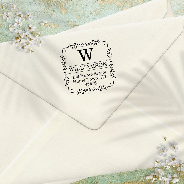 Sello Automático Dirección de retorno cuadrado de monograma tradici (Subido por el creador)